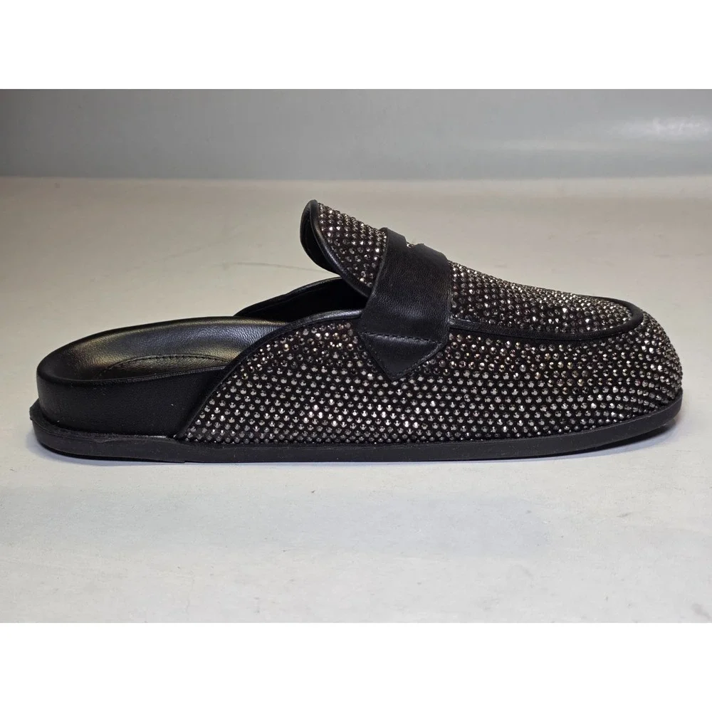 Schutz Ava Women's Shoes Size 7 B Black Leather Mule Metallic Slip‎ On Slides
